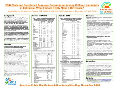 Results: CalCHEEPS 2007 Soda and Sweetened Beverage Consumption Among Children and Adults in California: What Factors Really Make a Difference? Angie Keihner,