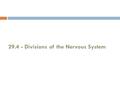 29.4 - Divisions of the Nervous System. Divisions Overview CCentral Nervous System PPeripheral Nervous System SSomatic AAutonomic Parasympathetic.