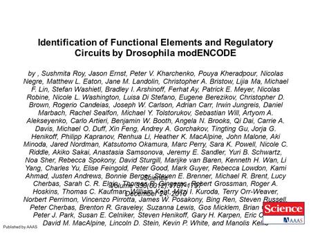 Identification of Functional Elements and Regulatory Circuits by Drosophila modENCODE by, Sushmita Roy, Jason Ernst, Peter V. Kharchenko, Pouya Kheradpour,