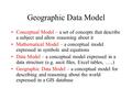 Geographic Data Model Conceptual Model – a set of concepts that describe a subject and allow reasoning about it Mathematical Model – a conceptual model.
