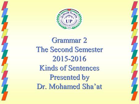 Grammar 2 The Second Semester 2015-2016 Kinds of Sentences Presented by Dr. Mohamed Sha’at.