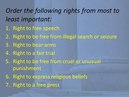 Order the following rights from most to least important: 1.Right to free speech 2.Right to be free from illegal search or seizure 3.Right to bear arms.