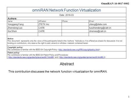 OmniRAN-16-0017-0002 1 omniRAN Network Function Virtualization Date: 2016-03 Authors: NameAffiliationPhone Yonggang FangZTETX Zhendong.