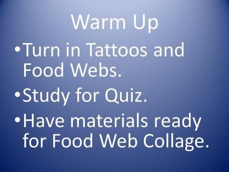 Warm Up Turn in Tattoos and Food Webs. Study for Quiz. Have materials ready for Food Web Collage.