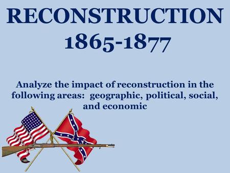 RECONSTRUCTION 1865-1877 Analyze the impact of reconstruction in the following areas: geographic, political, social, and economic.