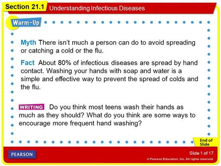 Section 21.1 Understanding Infectious Diseases Slide 1 of 17 Myth There isn’t much a person can do to avoid spreading or catching a cold or the flu. Fact.
