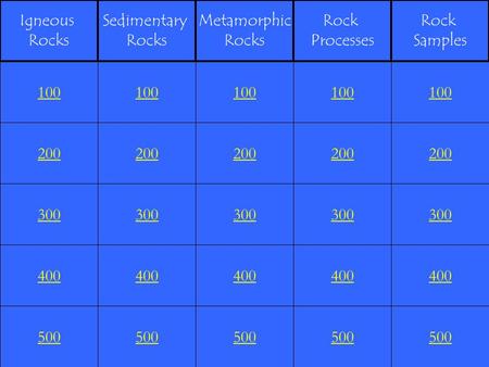 200 300 400 500 100 200 300 400 500 100 200 300 400 500 100 200 300 400 500 100 200 300 400 500 100 Igneous Rocks Sedimentary Rocks Metamorphic Rocks Rock.