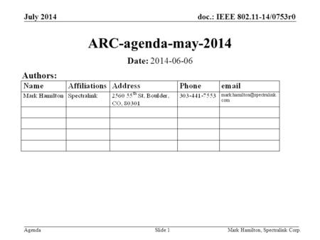 July 2014 Agenda doc.: IEEE 802.11-14/0753r0 Mark Hamilton, Spectralink Corp.Slide 1 ARC-agenda-may-2014 Date: 2014-06-06 Authors: