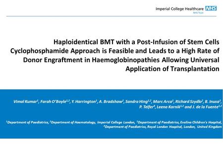 Haploidentical BMT with a Post-Infusion of Stem Cells Cyclophosphamide Approach is Feasible and Leads to a High Rate of Donor Engraftment in Haemoglobinopathies.