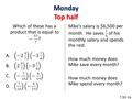 Monday Top half 7.NS.2a. Tuesday Bottom half What is the value of the expression 5x + 37 – 2z when x = 4, y = -5, and z = -6? A.-23 B.-7 C.7 D.17 E.47.