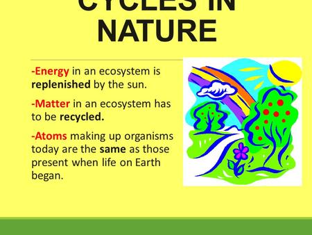 CYCLES IN NATURE -Energy in an ecosystem is replenished by the sun. -Matter in an ecosystem has to be recycled. -Atoms making up organisms today are the.