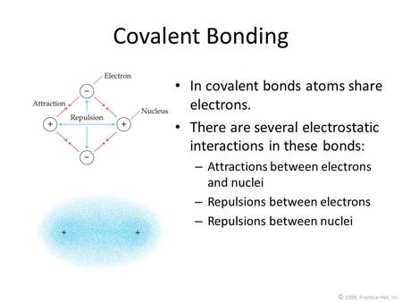 © 2009, Prentice-Hall, Inc. Covalent Bonding In covalent bonds atoms share electrons. There are several electrostatic interactions in these bonds: – Attractions.