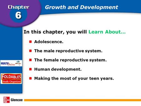 Growth and Development In this chapter, you will Learn About… Adolescence. The male reproductive system. The female reproductive system. Human development.