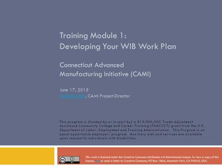 Training Module 1: Developing Your WIB Work Plan Connecticut Advanced Manufacturing Initiative (CAMI) June 17, 2015 Michelle Hall, CAMI Project Director.