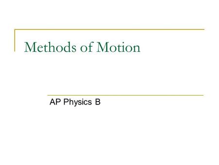 Methods of Motion AP Physics B. Displacement Displacement (x or y) Change in position It is not necessarily the total distance traveled. In fact, displacement.