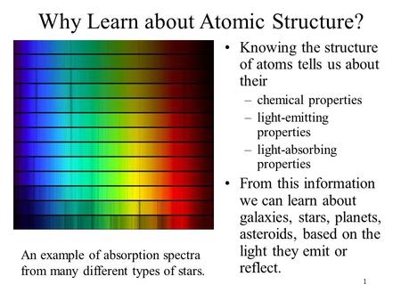 1 Why Learn about Atomic Structure? Knowing the structure of atoms tells us about their –chemical properties –light-emitting properties –light-absorbing.