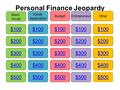 Personal Finance Jeopardy $100 Basic Vocab Vocab Application BudgetEntrepreneurOther $200 $300 $400 $500 $400 $300 $200 $100 $500 $400 $300 $200 $100 $500.