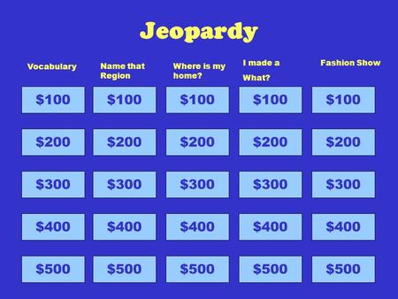 Jeopardy $100 $200 $300 $400 $500 Vocabulary $100 $200 $300 $400 $500 Name that Region $100 $200 $300 $400 $500 Where is my home? $100 $200 $300 $400 $500.