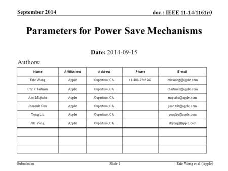 Submission doc.: IEEE 11-14/1161r0 September 2014 Eric Wong et al (Apple)Slide 1 Parameters for Power Save Mechanisms Date: 2014-09-15 Authors: