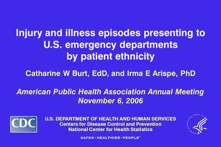 U.S. DEPARTMENT OF HEALTH AND HUMAN SERVICES Centers for Disease Control and Prevention National Center for Health Statistics Injury and illness episodes.