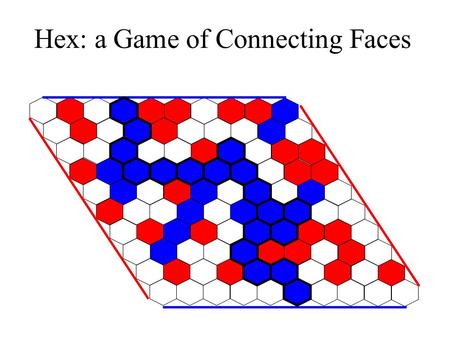 Hex: a Game of Connecting Faces. Player 1 Player 2 Players take turns placing blue chips (player 1) and red chips (player 2). Player 1 plays first. Player.