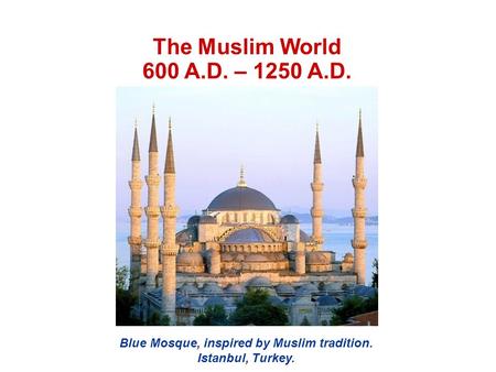 The Muslim World 600 A.D. – 1250 A.D. Blue Mosque, inspired by Muslim tradition. Istanbul, Turkey.