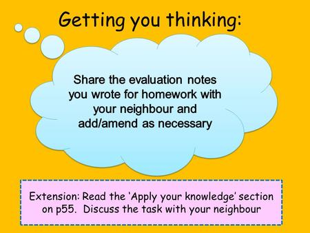 Getting you thinking: Extension: Read the ‘Apply your knowledge’ section on p55. Discuss the task with your neighbour.