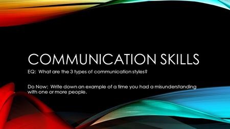 COMMUNICATION SKILLS EQ: What are the 3 types of communication styles? Do Now: Write down an example of a time you had a misunderstanding with one or more.