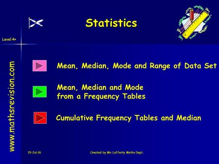Level 4+ 19-Jul-16Created by Mr. Lafferty Maths Dept. Statistics Mean, Median, Mode and Range of Data Set Mean, Median and Mode from a Frequency Tables.