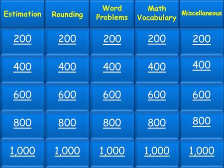 200 400 600 800 1,000 Estimation Rounding Word Problems Math Vocabulary Miscellaneous 200 400 600 800 1,000.
