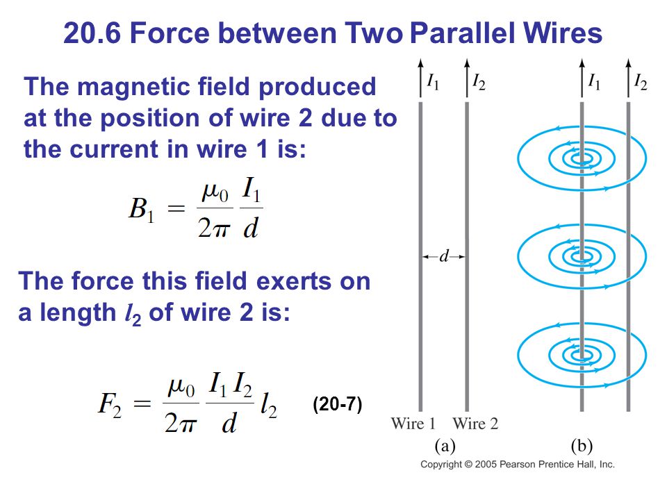 20.6 Force between Two Parallel Wires The magnetic field produced at the  position of wire 2 due to the current in wire 1 is: The force this field  exerts. - ppt download