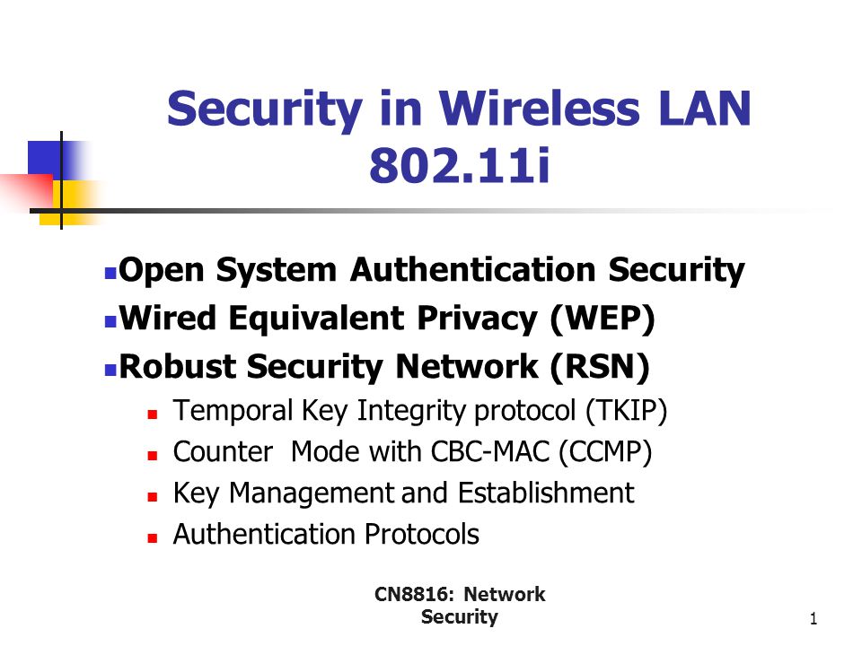 CN8816: Network Security 1 Security in Wireless LAN i Open System  Authentication Security Wired Equivalent Privacy (WEP) Robust Security  Network. - ppt download
