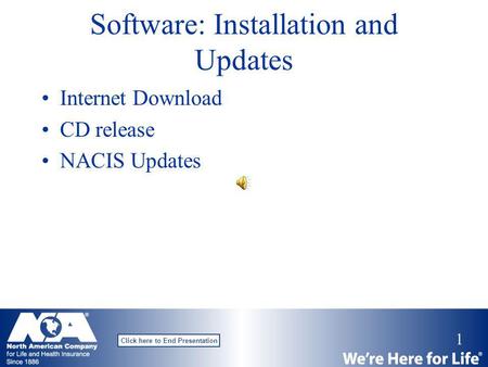 1 Click here to End Presentation Software: Installation and Updates Internet Download CD release NACIS Updates.