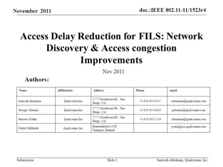 Doc.:IEEE 802.11-11/1523r4 Submission November 2011 Access Delay Reduction for FILS: Network Discovery & Access congestion Improvements Slide 1 Authors: