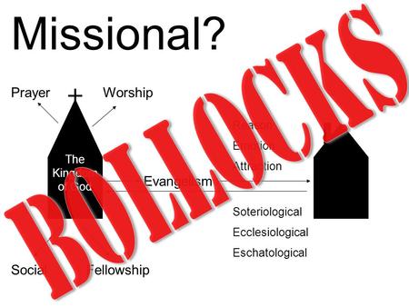 Missional? Worship Social Prayer Fellowship Evangelism Reason Emotion Attraction Soteriological Ecclesiological Eschatological The Kingdom of God.
