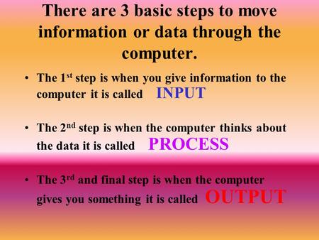 There are 3 basic steps to move information or data through the computer. The 1st step is when you give information to the computer it is called INPUT.