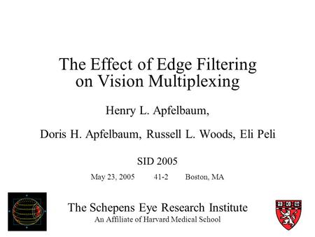 The Schepens Eye Research Institute An Affiliate of Harvard Medical School The Effect of Edge Filtering on Vision Multiplexing Henry L. Apfelbaum, Doris.