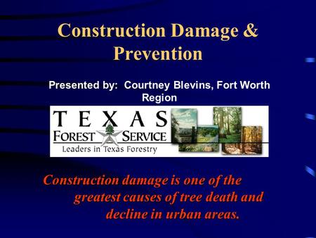 Construction Damage & Prevention Construction damage is one of the greatest causes of tree death and decline in urban areas. Presented by: Courtney Blevins,