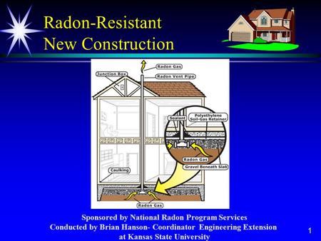 1 Radon-Resistant New Construction Sponsored by National Radon Program Services Conducted by Brian Hanson- Coordinator Engineering Extension at Kansas.