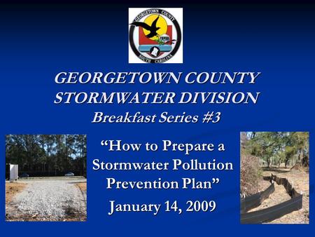 GEORGETOWN COUNTY STORMWATER DIVISION Breakfast Series #3 How to Prepare a Stormwater Pollution Prevention Plan January 14, 2009.