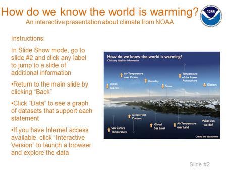 How do we know the world is warming? An interactive presentation about climate from NOAA Instructions: In Slide Show mode, go to slide #2 and click any.