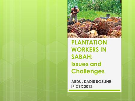 PLANTATION WORKERS IN SABAH: Issues and Challenges ABDUL KADIR ROSLINE IPICEX 2012.