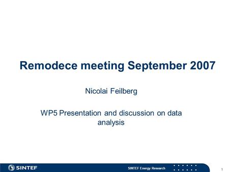 SINTEF Energy Research 1 Remodece meeting September 2007 Nicolai Feilberg WP5 Presentation and discussion on data analysis.