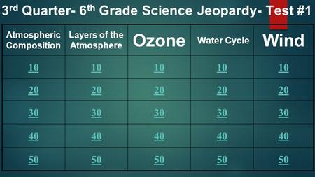 Ozone Wind 3rd Quarter- 6th Grade Science Jeopardy- Test #1