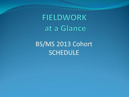 BS/MS 2013 Cohort SCHEDULE. BS/MS FIELDWORK AT A GLANCE Year One Fall 2013 Introduction to FW: November 12 TH, 4-5 p.m. in ES 116 Spring 2014 Individual.