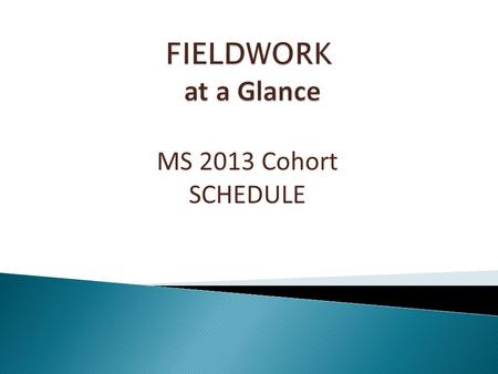MS 2013 Cohort SCHEDULE. Fall 2013 Introduction to Fieldwork meeting Fieldwork Cohort Meeting: October 9 th, 9-10 a.m. 1:1 Meetings with Ms. Bentley Spring.