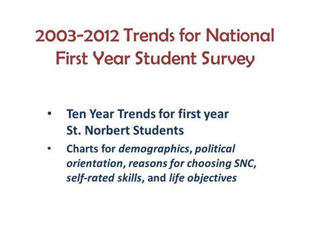 2003-2012 Trends for National First Year Student Survey Ten Year Trends for first year St. Norbert Students Charts for demographics, political orientation,