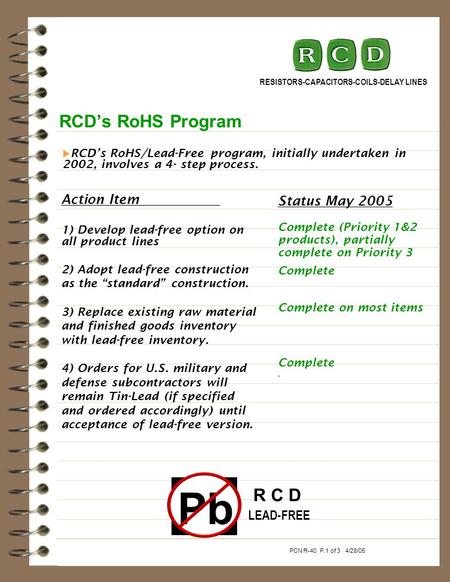 RCDs RoHS Program RESISTORS-CAPACITORS-COILS-DELAY LINES Action Item 1) Develop lead-free option on all product lines 2) Adopt lead-free construction as.
