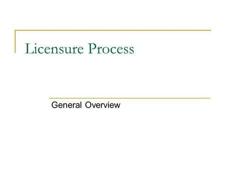 Licensure Process General Overview. Becoming Licensed There are 2 basic parts to becoming licensed Successful completion of the state required licensure.