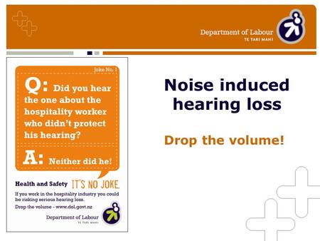 Noise induced hearing loss Drop the volume!. Why care about noise in your workplace? –Good employers care about their workers –The costs of hearing loss.